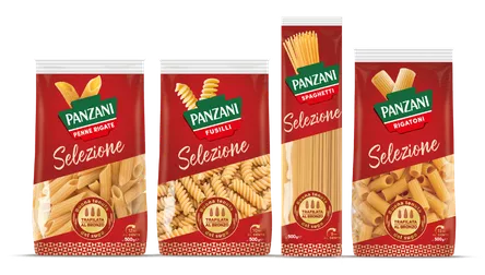Packshots des différents dessins de pâtes de la gamme Panzani Selezione Al Bronzo